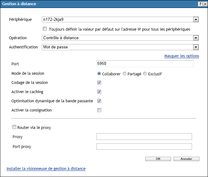 Boîte de dialogue Gestion à distance