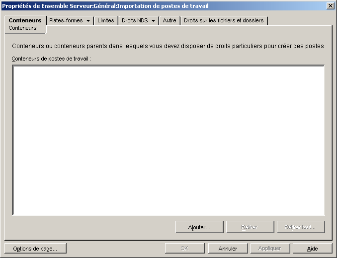 Page Conteneurs de la stratégie d'importation de postes de travail.