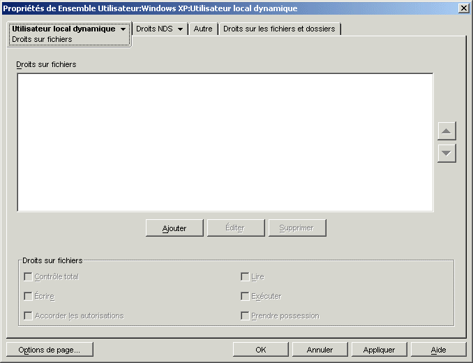 Page Droits sur fichiers de la stratégie d'utilisateur local dynamique
