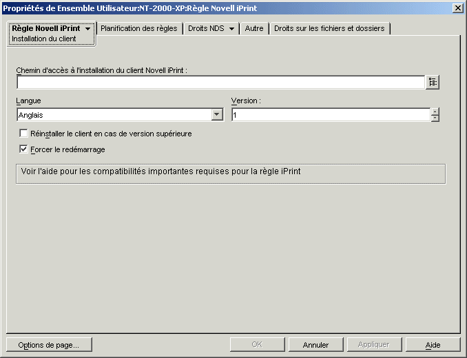 Page Installation du client de la stratégie Novell iPrint