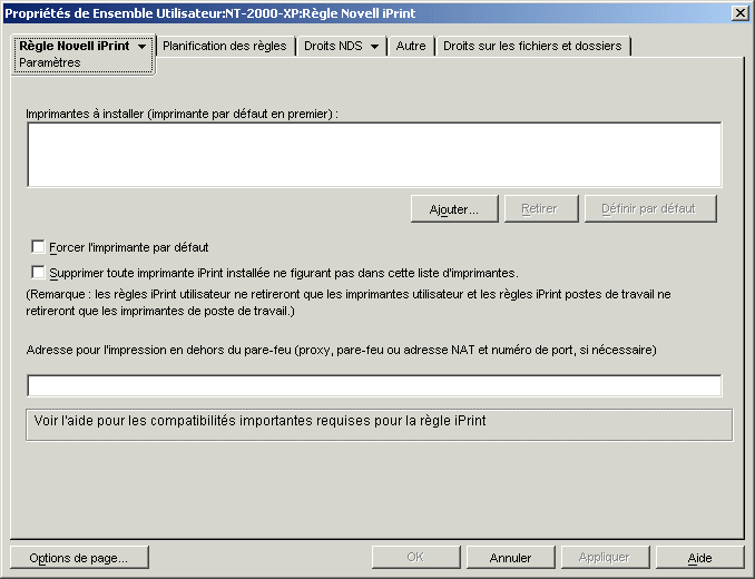 Page Paramètres de la stratégie Novell iPrint