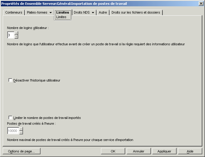 Page Limites de la stratégie d'importation de postes de travail.