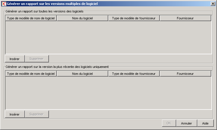 Boîte de dialogue Générer un rapport sur les versions multiples de logiciel