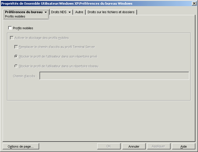 Page Profils mobiles de la stratégie Préférences du bureau Windows