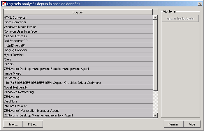 Boîte de dialogue Logiciels analysés depuis la base de données