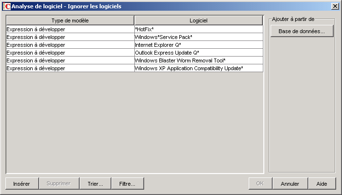 Tableau Analyse de logiciel - Ignorer les logiciels