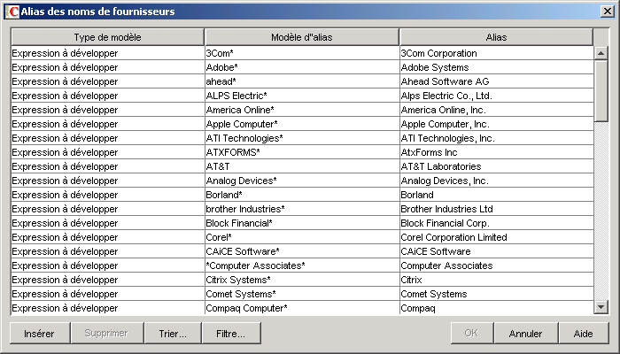 Tableau Alias de noms de fournisseurs