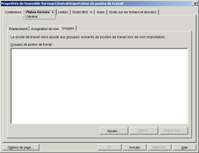 Page Groupes de la stratégie d'importation de postes de travail.