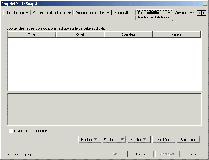 Objet Application > onglet Disponibilité > page Règles de distribution