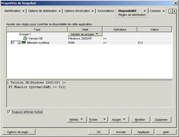 Page Règles de distribution de l'objet Application