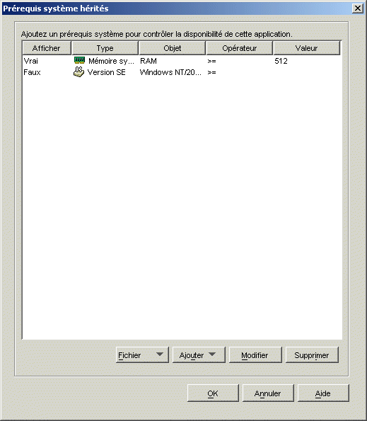 Boîte de dialogue Prérequis système hérités de l'objet Application