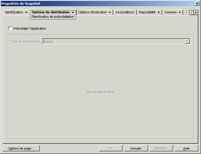 Page Planification de préinstallation de l'objet Application