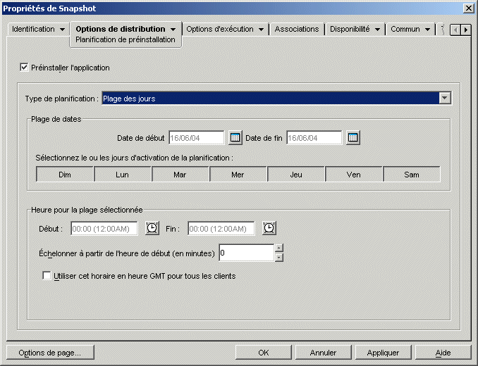 Page Préinstallation de l'objet Application avec le type de planification défini sur Plage des jours