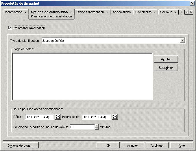Page Préinstallation de l'objet Application avec le type de planification défini sur Jours spécifiés