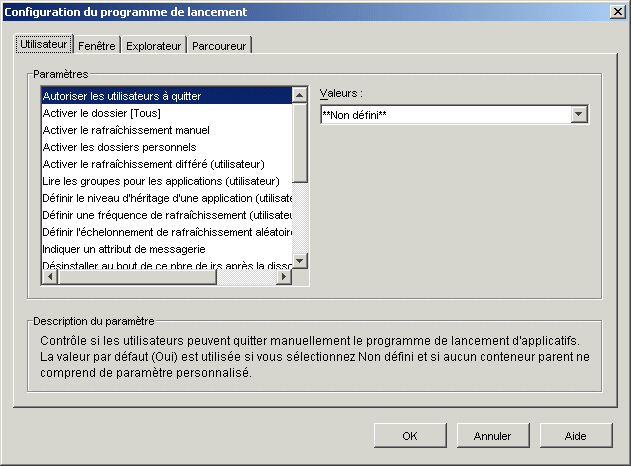 Boîte de dialogue Configuration du programme de lancement avec onglet Utilisateur affiché