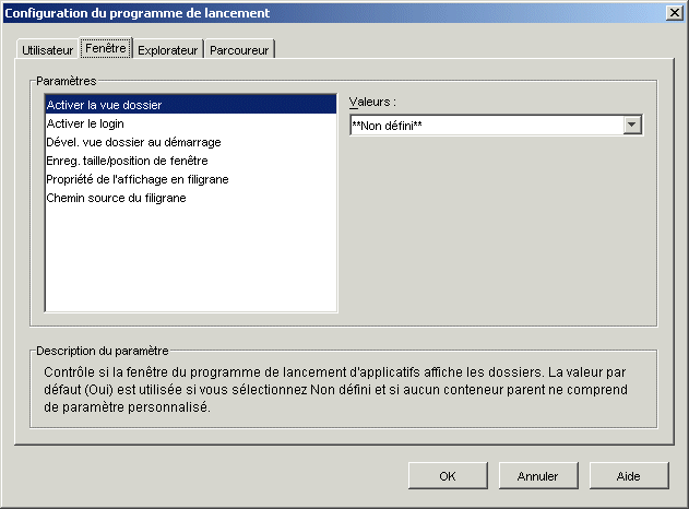 Boîte de dialogue Configuration du programme de lancement avec onglet Fenêtre affiché