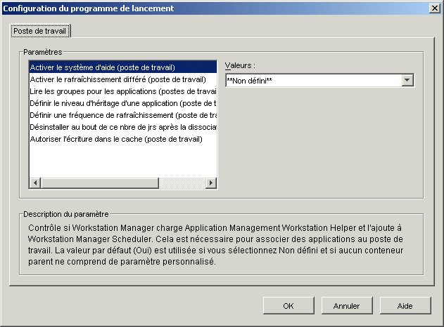 Boîte de dialogue Configuration du programme de lancement avec l'onglet Poste de travail affiché
