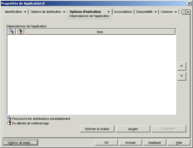 Page Dépendances de l'application de l'objet Application