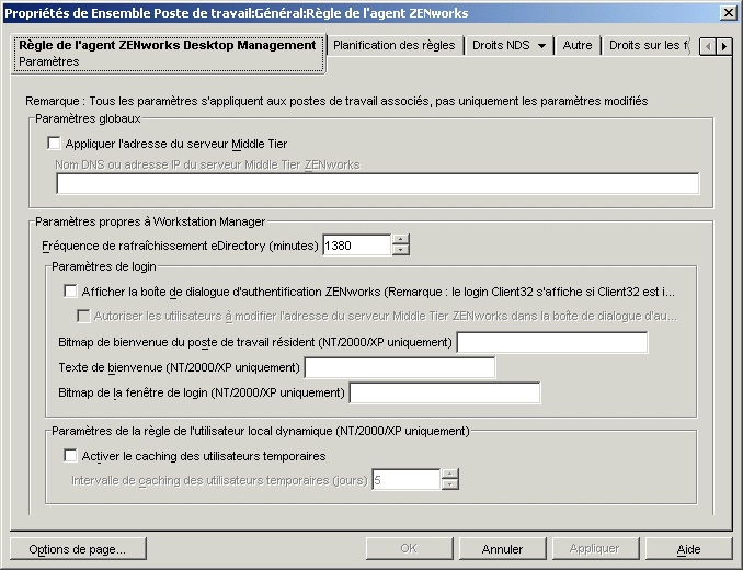 Page Paramètres de la stratégie de l'agent ZENworks Desktop Management