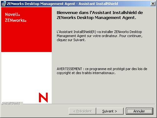 Page de présentation de l'assistant d'installation de l'agent ZENworks Desktop Management
