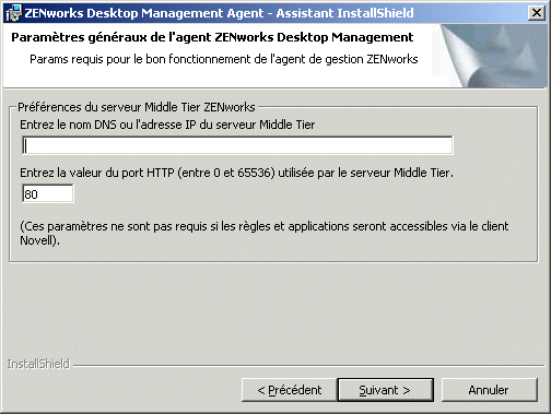 Page des paramètres généraux de l'assistant d'installation de l'agent de gestion ZENworks