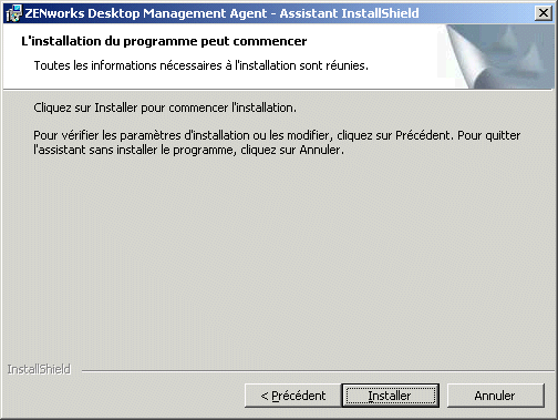 Page L'installation du programme peut commencer de l'assistant d'installation de l'agent ZENworks Desktop Management