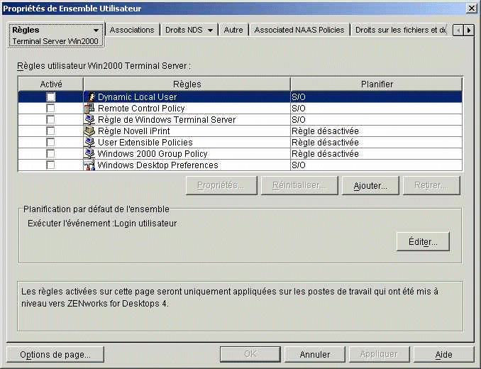 Page de stratégies de Terminal Server Win2000 d'un objet Ensemble Utilisateur