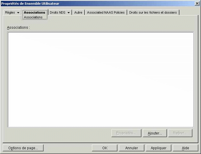 Page Associations sur l'objet Ensemble Utilisateur