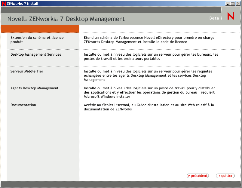 Page ZENworks Desktop Management de l'assistant d'installation de ZENworks. Cette page contient les options Extension du schéma et licence produit, Services Desktop Management, Serveur Middle Tier, Agents Desktop Management et Documentation.