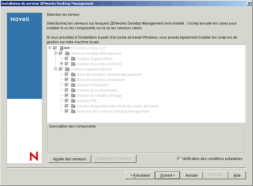 Programme d'installation de ZENworks Desktop Management Server > page Sélection des serveurs