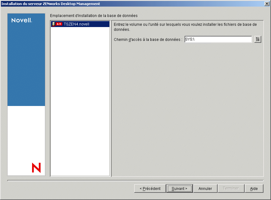 Page d'installation de l'emplacement de base de données de l'assistant d'installation de ZENworks Desktop Management