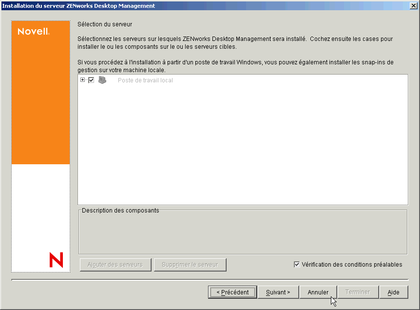 Page Sélection du serveur de l'assistant d'installation du serveur ZENworks Desktop Management