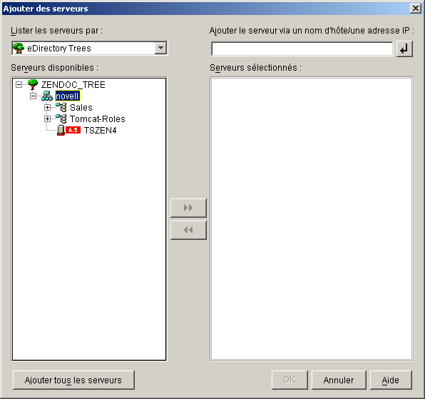 Boîte de dialogue Ajouter des serveurs affichant une arborescence eDirectory et ses conteneurs