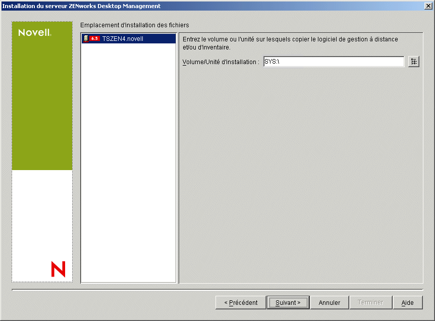 Page Emplacement d'installation des fichiers de l'assistant d'installation du serveur ZENworks Desktop Management