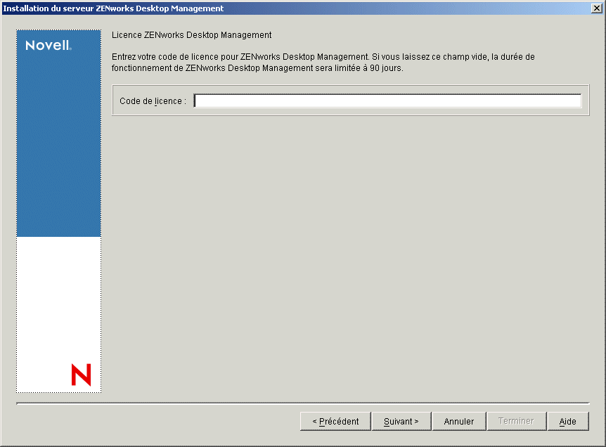 Page Licence ZENworks Desktop Management de l'assistant d'installation du serveur de gestion de bureau