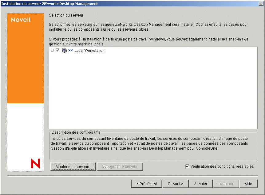 Page Sélection du serveur de l'assistant d'installation du serveur ZENworks Desktop Management