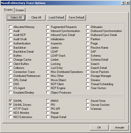 Boîte de dialogue Options de Novell eDirectory Trace