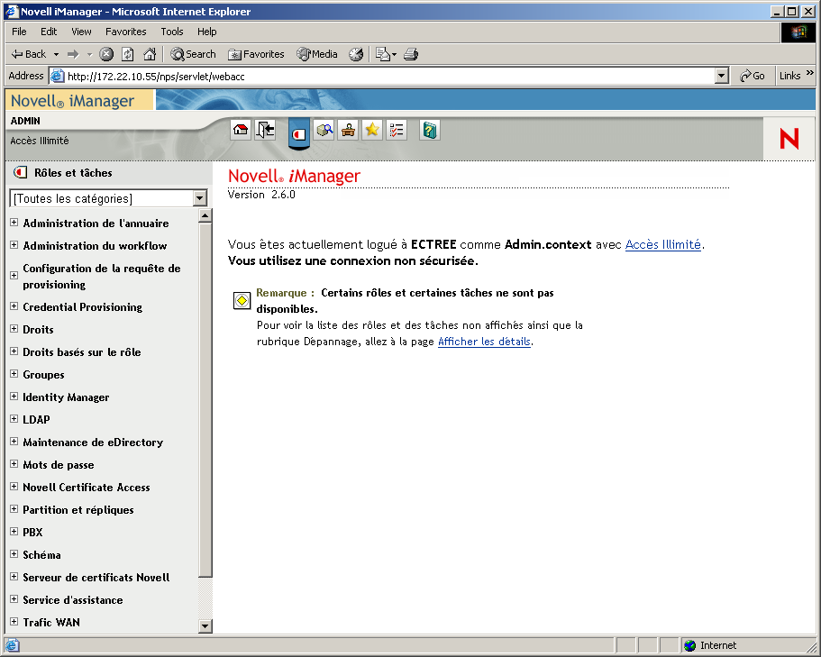 La page principale de Novell iManager contenant le volet Rôles et tâches s'ouvre.