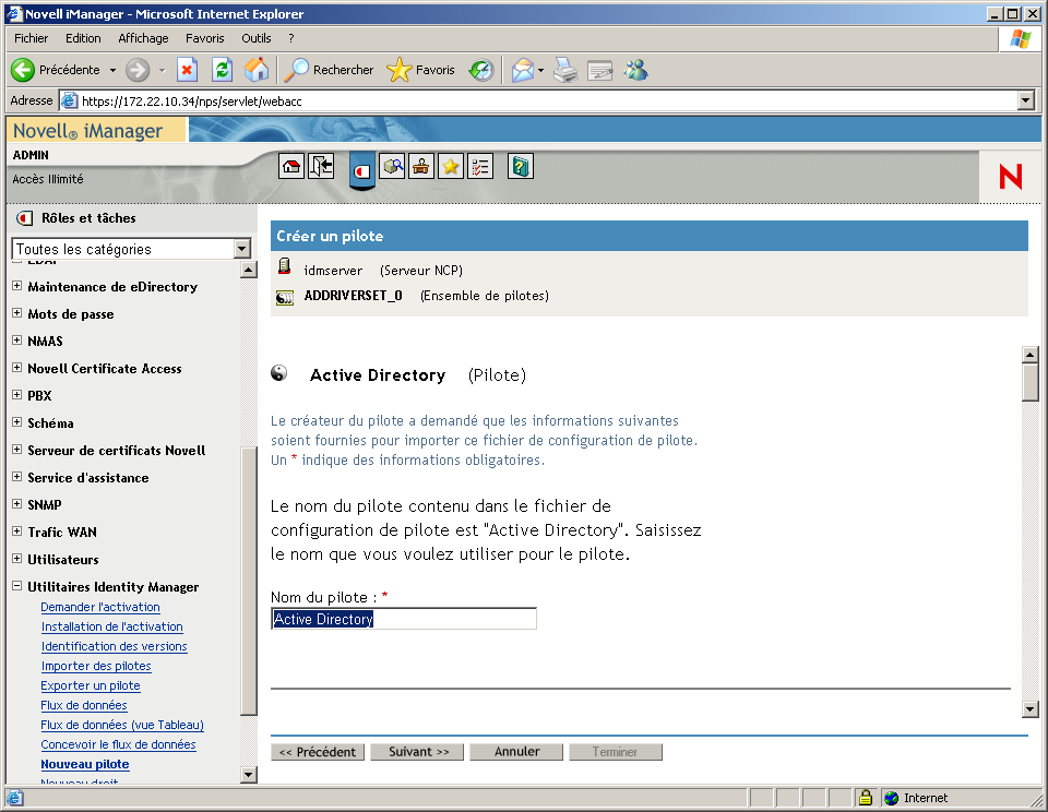 Assistant de création de pilotes ouvert sur la page principale de Novell iManager. La page Ensemble de pilotes Active Directory est ouverte.