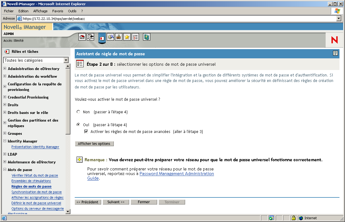 Page Étape 2 de l'Assistant de stratégie de mot de passe dans Novell iManager.