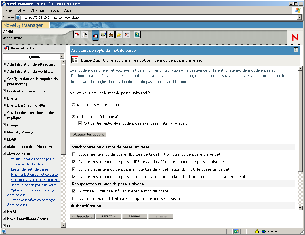 Page Étape 2 de l'Assistant de stratégie de mot de passe avec les options de synchronisation des mots de passe affichées.