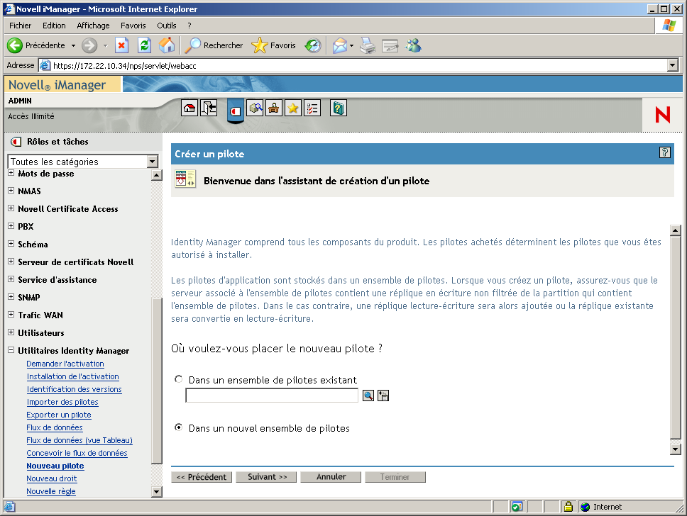 Le volet de l'assistant de création de nouveaux pilotes s'ouvre sur la page principale de Novell iManager.