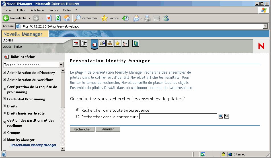 Utilitaire Présentation DirXML dans Novell iManager.