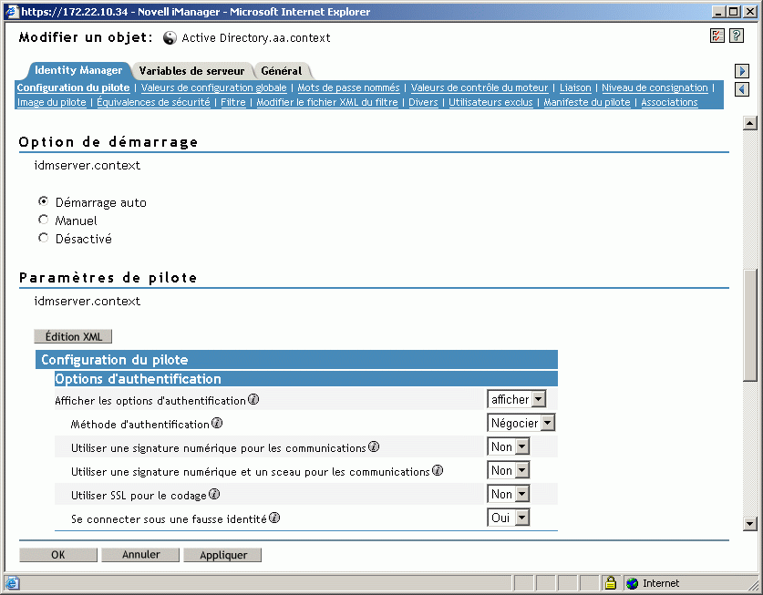 Fenêtre Modifier un objet de l'utilitaire Présentation DirXML dans Novell iManager.