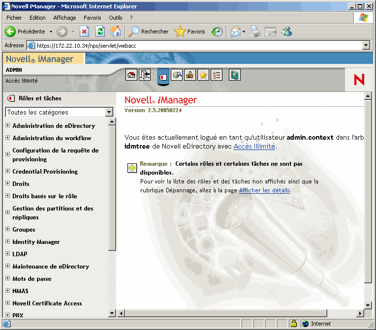 La page principale de Novell iManager contenant le volet Rôles et tâches s'ouvre.