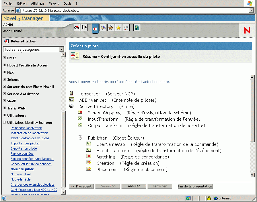 Assistant de création de pilotes ouvert sur la page principale de Novell iManager. La page Résumé - Configuration actuelle du pilote est ouverte.