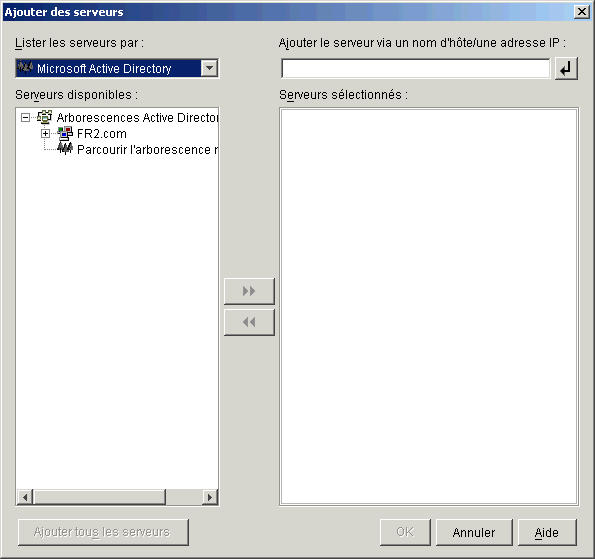 Boîte de dialogue Ajouter des serveurs ouverte à partir de la page de sélection des serveurs de l'assistant d'installation du serveur Middle Tier ZENworks. La liste déroulante Lister les serveurs par de la boîte de dialogue affiche l'option Active Directory.