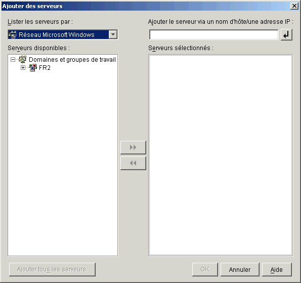 Boîte de dialogue Ajouter des serveurs ouverte à partir de la page de sélection des serveurs de l'assistant d'installation du serveur Middle Tier ZENworks. La liste déroulante Lister les serveurs par de la boîte de dialogue affiche l'option Domaines Microsoft.