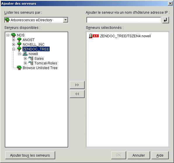Boîte de dialogue Ajouter des serveurs ouverte à partir de la page de sélection des serveurs de l'assistant d'installation du serveur Middle Tier ZENworks. La liste déroulante Lister les serveurs par de la boîte de dialogue affiche l'option Arborescences eDirectory.