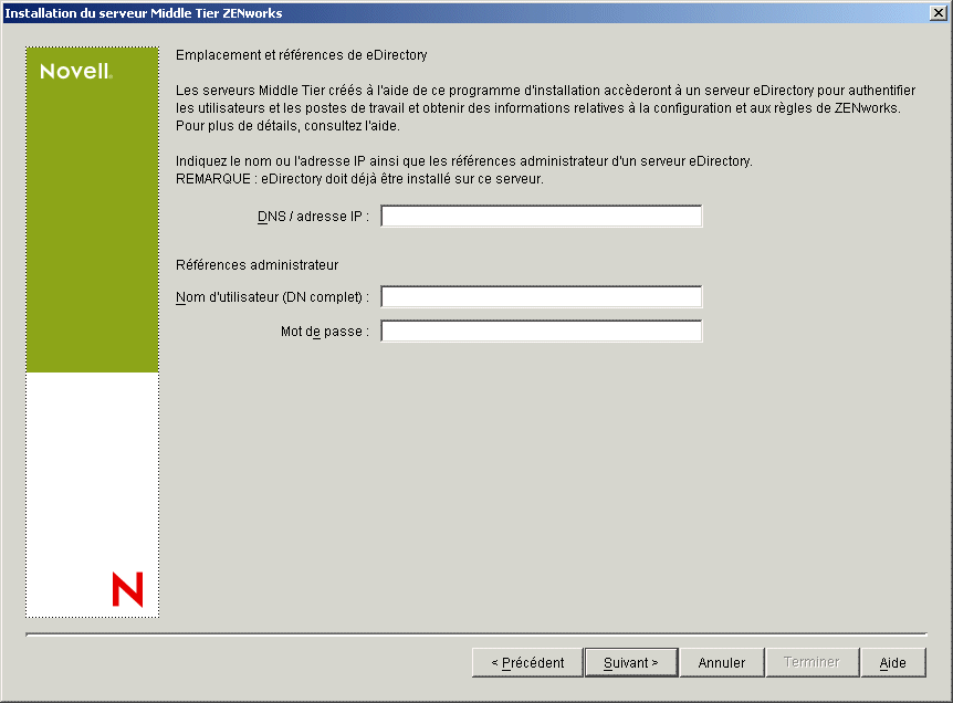 Page Emplacement et références de eDirectory primaire de l'assistant d'installation du serveur Middle Tier ZENworks